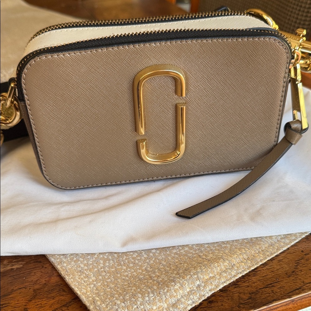 Marc Jacobs Taupe and Cream Double J Crossbody Bag with Gold Hardware